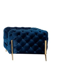 a blue velvet bench with gold legs