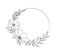 a circle with flowers and leaves drawn on the side, in front of a white background