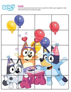 an image of cartoon characters with balloons and party hats on their heads, in the middle of