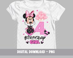 minnie mouse birthday shirt with the number four on it and pink balloons in the air