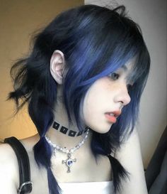 Dyed Hair Ideas For Black Women Short Haircuts, Aesthetic Colors To Dye Your Hair, Tip Of Hair Dyed, Alt Hair Dye Short, Dark Gray Blue Hair, Cybercore Hairstyles, Wolfcut Hair Dye, Wolfcut Hairstyle Ideas, Hair Color Ideas Y2k