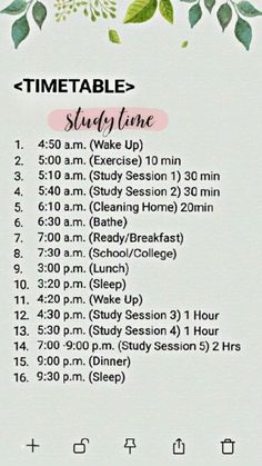 the time table for an event with flowers and leaves in pink, green and white