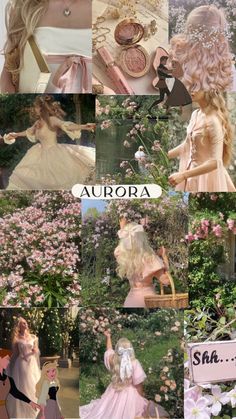 the collage shows many different images of women in pink and white gowns, with flowers