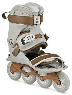 a white roller skate with brown wheels on a white background and no people around it