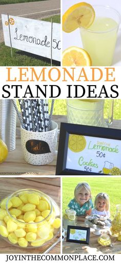 lemonade stand ideas with pictures of lemons, lemonade glasses and lemonade signs