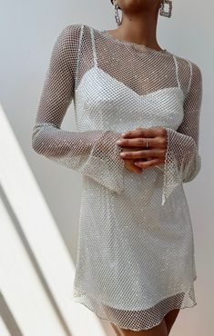 Long Sleeve Engagement Photo Dress, Rhinestone Reception Dress, Sparkly Mesh Dress, White Party Inspo Outfit, Sparkly After Party Wedding Dress, Unique Bachelorette Outfits, Bachelorette Sequin Outfit, Bachelorette Sparkle Outfit, Unique Reception Outfit For Bride