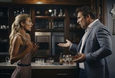 two people standing in a kitchen talking to each other with wine glasses on the counter