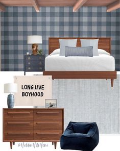 a bedroom with blue and white walls, wood furniture, and plaid wallpaper on the walls