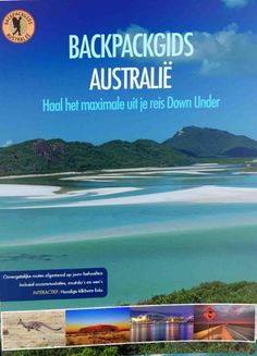 the cover of backpacks australie, with pictures of water and mountains in the background