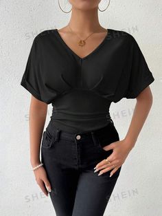 SHEIN USA Womens Bodysuit, Batwing Sleeve, Bat Wings, Summer Women, Rib Knit, Types Of Sleeves, Solid Color, V Neck, Black