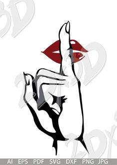 the silhouette of a woman's hand with red lipstick on her lips is shown in black and white