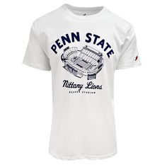 100% cotton League All-American t-shirt Ring spun cotton for a soft touch feel Short sleeve classic fit Penn State Beaver Stadium screen printed full chest design Perfect for the next White Out game White Pre-shrunk Cotton T-shirt, White Logo Print Tops In Ring-spun Cotton, Cotton Fan Apparel T-shirt With Front Print, White T-shirt With Front Print For Sports Events, White Cotton T-shirt For Fan Merchandise, White Print Cotton T-shirt For Fan Merchandise, Pre-shrunk Cotton T-shirt For Fan Apparel, Cotton T-shirt With Screen Print For Sports Events, Graphic Print Cotton T-shirt For Sports Events