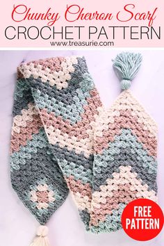 two crocheted ties with tassels on them and the text, chunk chevron scarf crochet pattern