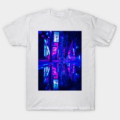 a white t - shirt with blue and pink lights in the city on it's chest