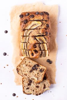 sliced loaf of banana bread with chocolate chips