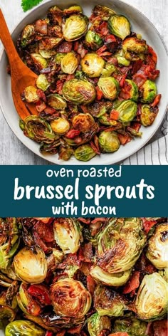 roasted brussel sprouts with bacon and parsley in a white bowl