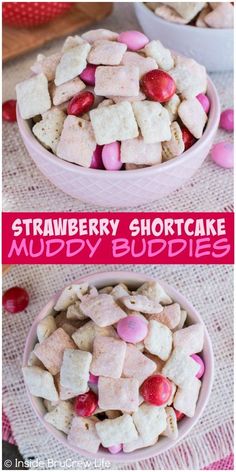 two bowls filled with pink and white marshmallows next to each other on a table