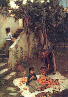 an oil painting of two children sitting on the ground with apples in front of them