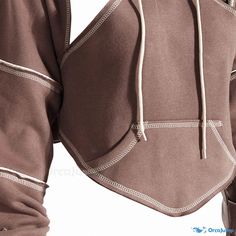 Orcajump - Sophisticated Cutout Tie Back Contrast Stitch Drawstring Hooded Crop Sweatshirt Brown Fitted Casual Hoodie, Casual Fitted Brown Hoodie, Brown Long Sleeve Top With Drawstring Hood, Ruffle Long Dress, Stitch Hoodie, Drawstring Jacket, Style Hip Hop, Sleeves Top, Print Crop Tops