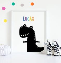 a black and white poster with a dinosaur on it's face next to two zebra shoes