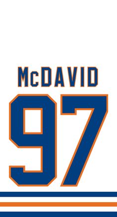 an orange and blue football jersey with the number 97 on it's chest, in front of a white background