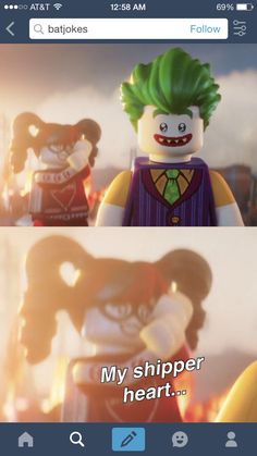 the lego batman movie scene is shown in two different frames, one with green hair and another with yellow hair