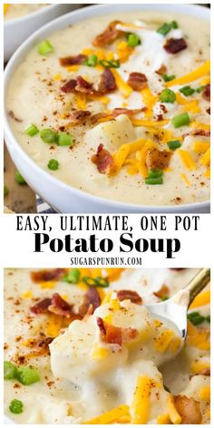 potato soup with bacon and cheese in a white bowl