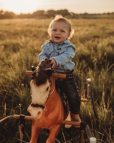 a toddler riding on top of a toy horse in a field with tall grass