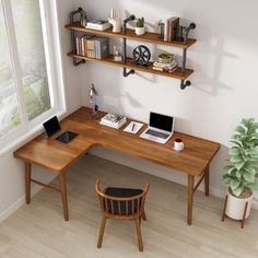 a computer desk sitting next to a window