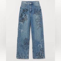 Questions? Leave A Comment Below! Blue Bottoms With Letter Print For Fall, Blue Graphic Print Jeans For Fall, Fall Blue Jeans With Graphic Print, Fall Graphic Print Blue Jeans, Blue Casual Bottoms With Graffiti Print, Casual Blue Bottoms With Graffiti Print, Trendy H&m Jeans For Fall, H&m Casual Blue Jeans, Trendy Blue H&m Jeans