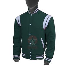 DETAILS OF JACKET The Shoulder Inserts Trendy Varsity This Style is Trimmed at the Shoulders and Pockets With White Genuine Leather Like Famous Teddy Bomber Jacket Color: FOREST GREEN (Body & Sleeve) & WHITE TRIM (GENUINE COWHIDE Leather Stripes on Shoulders) Forest Green / White Rib on Neck, Wrist & Bottom/Hem Two External Side Pockets Exterior Body & Sleeve: Premium Quality Wool (rarely pill as compare to other woolen jackets available on the market Interior: Polyester Quilted Market Interior, Letterman Jacket, Green Wool, Red Wool, Blue Wool, White Trim, Red Jacket, Cowhide Leather, White Leather