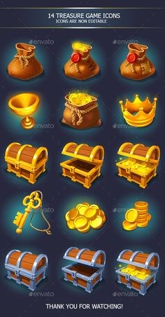 a set of different items for the game, including gold coins and chests - miscellaneous objects