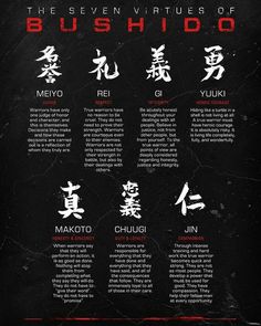 the seven attributes of bushidoo in english and chinese characters on a black background