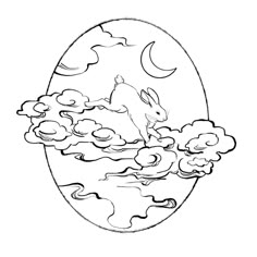 an easter egg with clouds and a rabbit on the moon in the sky coloring page