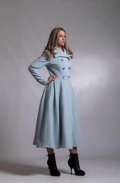 "Cashmere Wool Coat, Dress Coat in Light Blue, Lapel Coat I took a classic long cashmere wool women's coat design and turned it into a gorgeous princess silhouette dress coat that will impress even the strictest of critics. This handmade fitted maxi Light Bluecoat is a double-breasted construction topped with a lapel collar and long sleeves. 🌀 IMPORTANT: The hat is not included in the price of the coat but is also one of my designs, so if you are looking to complete your outfit, check it out he Formal Fitted A-line Wool Coat, Elegant Blue Wool Coat With Button Closure, Elegant Blue Wool Coat With Buttons, Fitted Blue Wool Coat For Spring, Elegant Fitted A-line Wool Coat, Elegant Blue Wool Coat, Fitted A-line Wool Coat For Spring, Spring A-line Fitted Wool Coat, Fitted A-line Spring Wool Coat