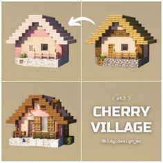 four different views of a small house made out of lego blocks with the words cherry village below it