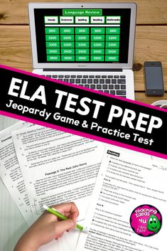 an ela test prep activity is shown on a desk with a laptop and papers