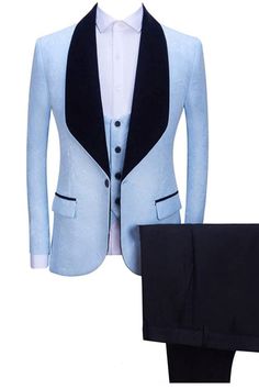 Color: Sky BlueButton: Single BreastedOccasion: Prom, Wedding, BusinessNeckline: Shawl LapelMaterial: Polyester & Polyester BlendPattern: JacquardPiece: 3 PiecePocket: Whit Flap Groom's Suit, Anniversary Photo, Suits Men, Pink Homecoming Dress, Vest And Tie