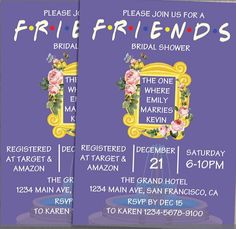 two purple and yellow friends bridal shower party tickets with flowers on the front side