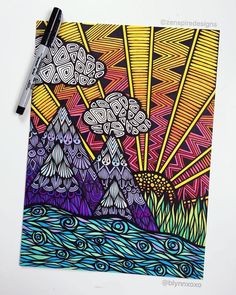 a drawing on paper that has been drawn with colored pencils and marker pens in front of it