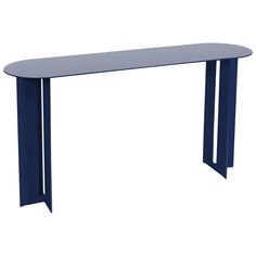 a blue table with two legs and a curved design on the top, against a white background