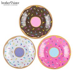 three donuts with sprinkles on them are shown in different shapes and sizes