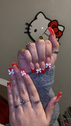 Red Baddie Nails Acrylic, Red Square Nails Design, Baddie Acrylics, Red Hello Kitty Nails, Red Nail Sets, French Tip Acrylic Nails Short, Hello Kitty Acrylics, Red Baddie Nails, Uñas Hello Kitty