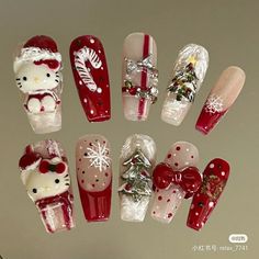 Winter Nails Dark Colors, Hello Kitty Nails Tutorial, Cutesy Christmas Nails, Kuromi Christmas Nails, Hello Kitty Christmas Nails Short, Christmas Charm Nails, Christmas Nails Kawaii, Christmas Sanrio Nails, Asian Christmas Nails