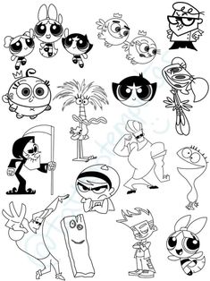 cartoon characters with different expressions in black and white, including the letter o on each side