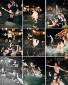 several pictures of people playing in the water at night and then having fun with each other