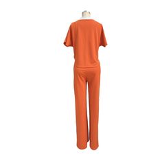 V Neck T Shirt Straight Pants Two Piece Set Solid Color T-shirt For Loungewear, Casual Orange Workwear Sets, Casual Stretch Pant Set, Casual Relaxed Fit Pant Set For Work, Casual Orange Sets With Relaxed Fit, Casual Orange Sets Relaxed Fit, Pants Short, Summer Sports, Straight Pants