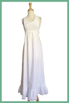 Vintage 70s white cotton maxi dress. Smock - tube top style bodice. Eyelet accents at hem and neckline. Attached waist ties. Empire waist - fit and flare silhouette. This would be a great option for a beach wedding! Additional fabric, condition and measurement information provided for your White Fitted Maxi Dress With Smocked Back, White Maxi Dress With Smocked Back, Summer Wedding Maxi Dress With Smocked Back, White Cotton Maxi Dress With Smocked Bodice, White Empire Waist Maxi Dress With Smocked Bodice, White Empire Waist Maxi Dress For Summer, Flowy White Maxi Dress With Smocked Back, Casual White Maxi Dress For Beach Wedding, White Maxi Dress With Smocked Back For Daywear