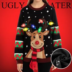 Our Black Reindeer Sweaters have 6 different light modes to add life and feel the Christmas to your Winter holiday party! Go back to nature with your knits this season and add animal motifs to your must-haves. Delightfully simple, yet tacky to its core, this vintage-looking holiday sweater is sure to please all who see it. Some may call it an “ugly Christmas sweater" but this gravitates more to the “festive side of our Christmas sweater collection. Bright colors, high-quality construction, and c Reindeer Ugly Sweater, Black Reindeer, Winter Holiday Party, Reindeer Sweater, Animal Motifs, Classic Sweater, Sweater Collection, Holiday Wardrobe, Holiday Sweater