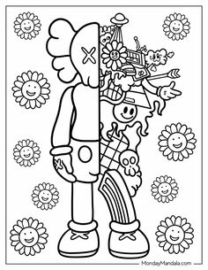 a cartoon character with flowers and sunflowers in the background, coloring book page